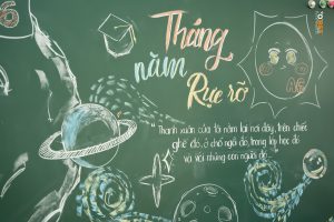 Bảng kỷ yếu vẽ phấn chữ Mừng năm Rực rỡ kèm bong bóng và mặt cười