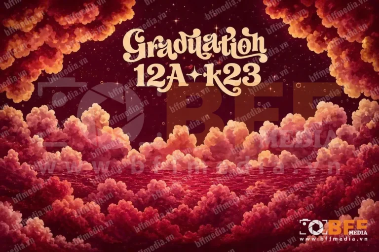 Mẫu in background kỷ yếu lớp 12A-K23: biển mây đỏ cam trải rộng, chữ Graduation mạ vàng