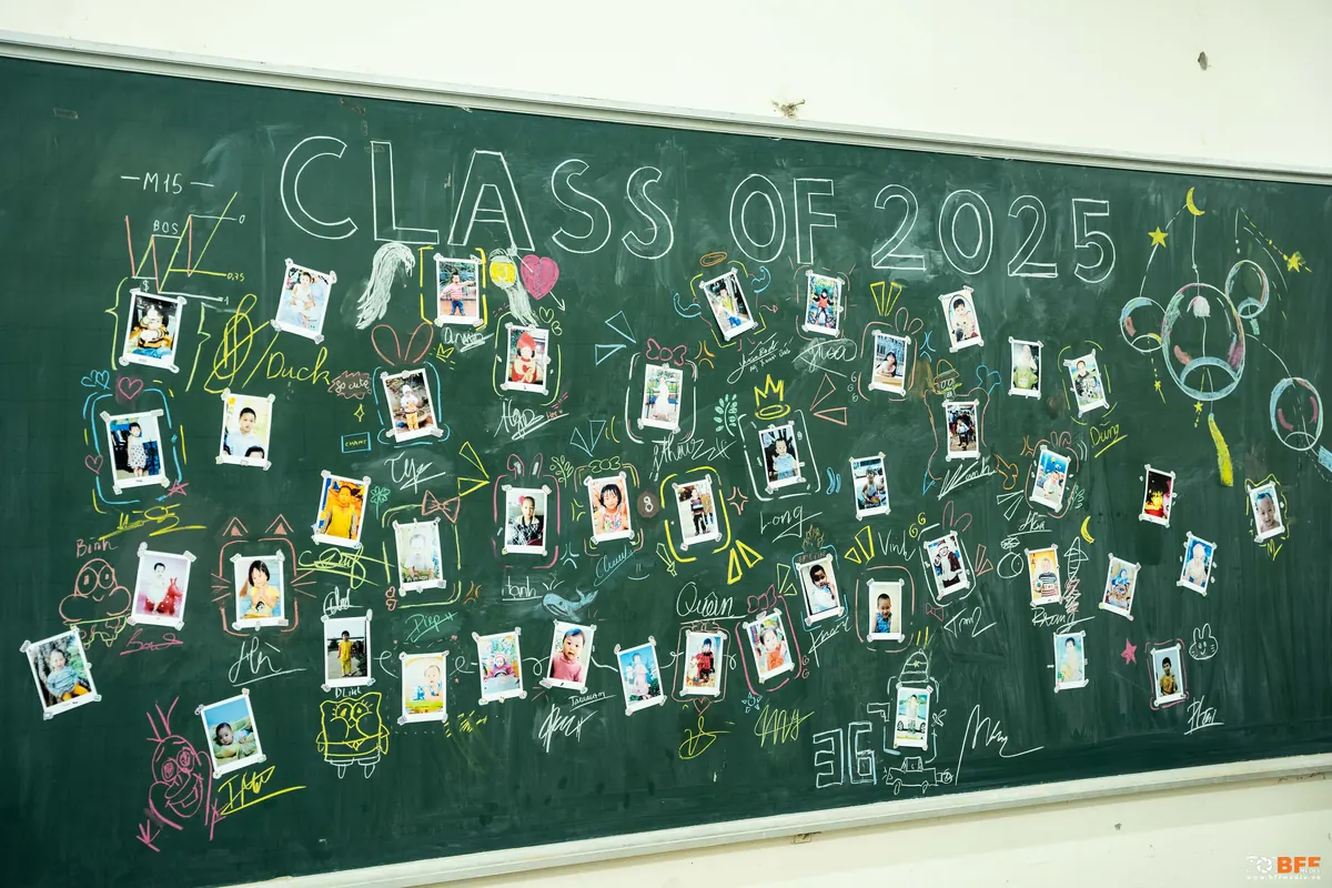 Bảng lớp dán ảnh hồi nhỏ của từng bạn kèm chữ ký, dòng chữ Class of 2025